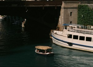 Yashica Samurai Z, Water Taxi and Big Boat, Chicago River, September 2012